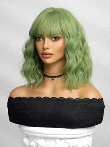 梦幻薄荷绿 12 英寸鲍勃假发 女士卷发波浪假发 带刘海 短款耐热合成假发 适合派对服装 日常穿着 彩色假发 万圣节热销 三叶草 圣帕特里克节