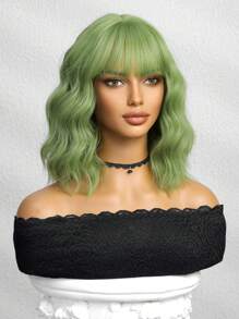 梦幻薄荷绿 12 英寸鲍勃假发 女士卷发波浪假发 带刘海 短款耐热合成假发 适合派对服装 日常穿着 彩色假发 万圣节热销 三叶草 圣帕特里克节