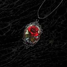 1pc New Attractive Oval Glass Pendant Necklace - Red Rose In Vintage Black Frame Valentines,Mom,Mother,Mother's Day,Gift