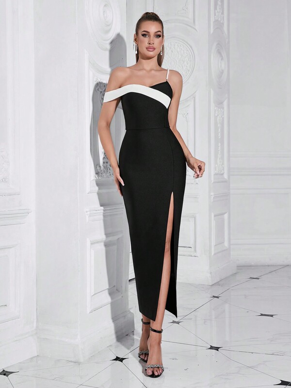Bandage Dress One Shoulder Pearl Strap Detail Long Slit Thigh Cocktail