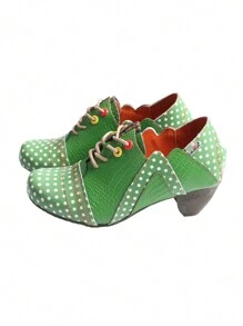1 Pair Of Ladies Leather Polka Dot Shallow High Heel Single Shoes Fashion Retro Wear Autumn And Winter New Leather Shoes - 綠色 - 查看 1