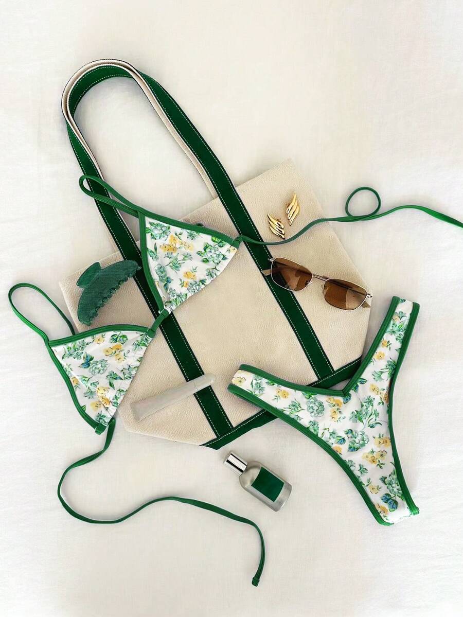 Women's Floral Print Bikini Swimsuit Set, Summer Beach - Green - View 1
