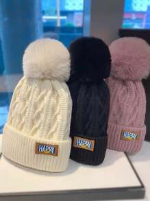 厚实柔软的M字Logo纹理针织帽，优雅休闲，保暖内衬，带毛球 - 彩色 - 查看 1