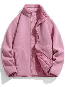 1pc Women Reversible Outdoor Fleece Jacket With Hoodie, Warm Solid Color Zipper Up Jacket, Sports Lined, Autumn/Winter - 粉色 - 查看 4