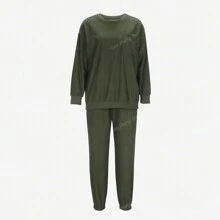 2 pezzi Completo casual da donna con top a girocollo monocolore a maniche lunghe e pantaloni con coulisse