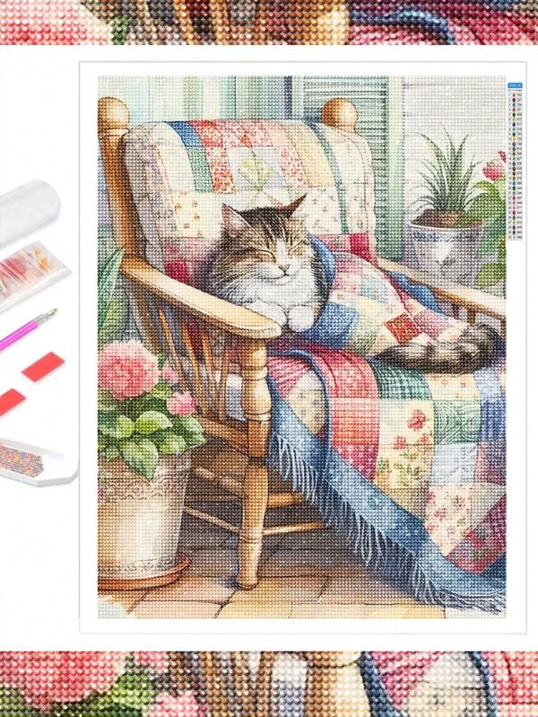 Kit de Pintura de Diamante 5D - Padrão de Gato, Diamantes Acrílicos Redondos, Arte de Bordado Feita à Mão, Decoração de Parede, Conjunto Perfeito de Pintura de Diamante de Gato para Presente Surpresa