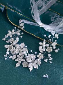 1pc Elegant Handmade Bridal Headband With Resin Flowers & Artificial Pearls Decoration, Suitable For Wedding, Prom, Party, Holiday Gift - Silver - View 4