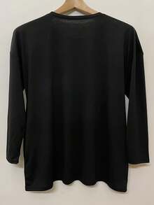 Blusa informal de bolsillo de unicolor negro talla grande, primavera - Negro - Ver 3