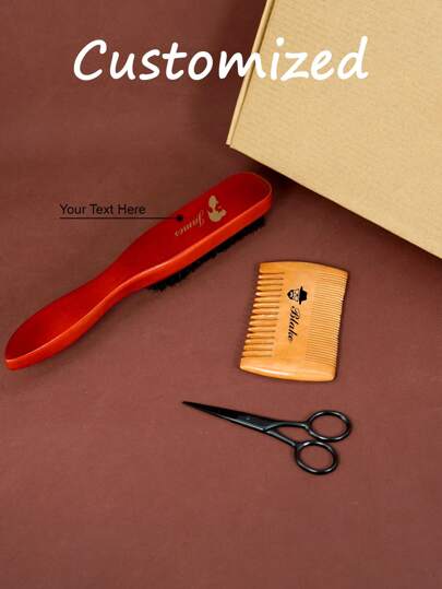 3 piezas Kit de aseo personal personalizado para barba, 1 pieza Peine para barba personalizado y 1 pieza Cepillo para barba personalizado y 1 pieza Tijeras de belleza, Regalos para barba, Cepillo para barba personalizado, Peine para barba personalizado, Peine para barba con monograma.- Juego de cepillos de madera premium para hombres - ¡Idea de regalo ideal para padres, esposos y novios - ¡Cuidado superior de la barba!
