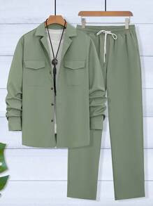 Conjunto masculino de 2 peças, camisa de manga comprida com bolso e aba de tecido plissado e calças casuais