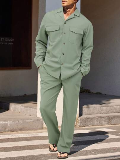 Conjunto masculino de 2 peças, camisa de manga comprida com bolso e aba de tecido plissado e calças casuais