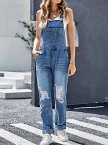 Women's Fashionable Denim Scarf Casual Wear With Adjustable Lace Up And Perforated Denim Pants - 中等水洗藍 - 查看 1