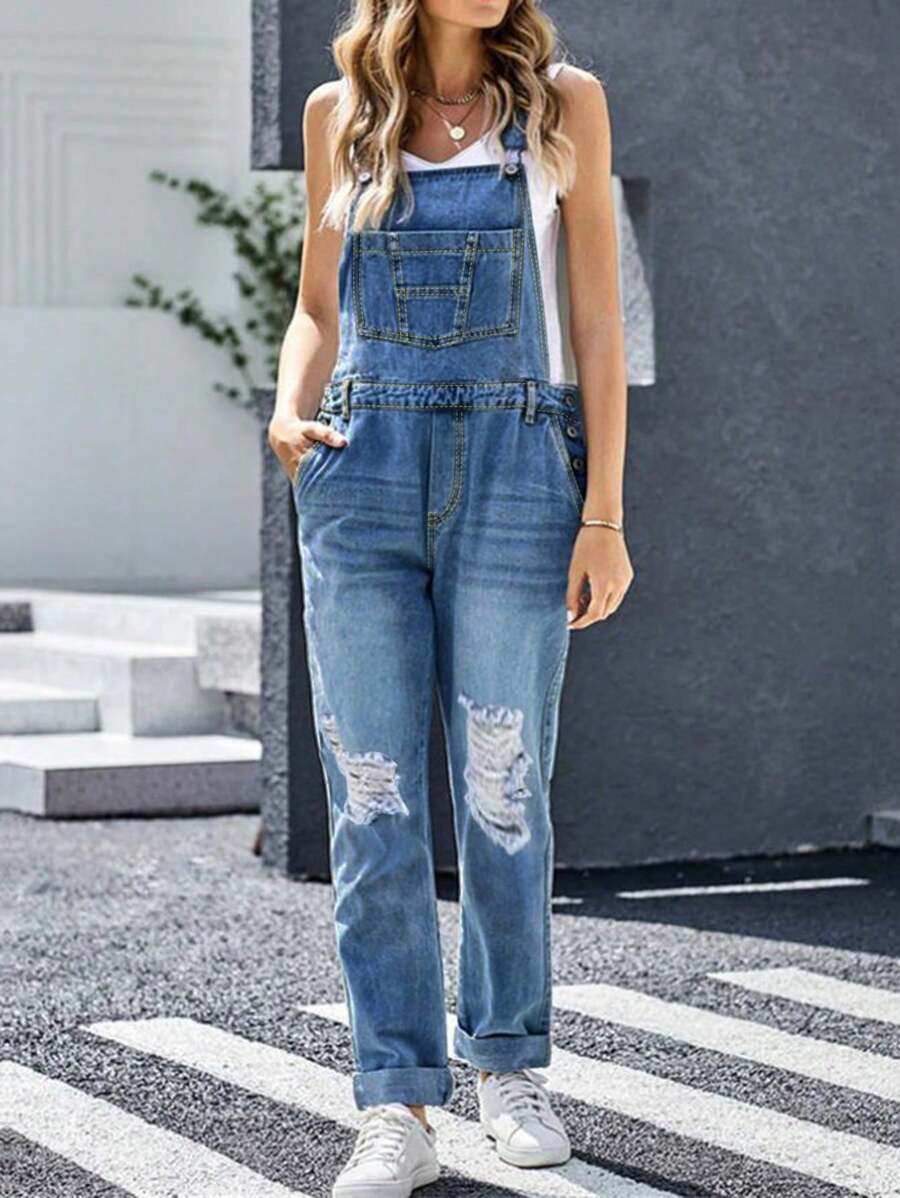 Women's Fashionable Denim Scarf Casual Wear With Adjustable Lace Up And Perforated Denim Pants - 中等水洗藍 - 查看 1