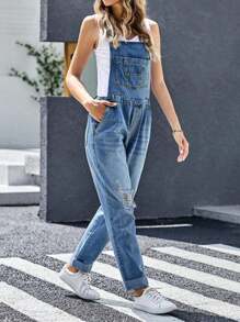 Women's Fashionable Denim Scarf Casual Wear With Adjustable Lace Up And Perforated Denim Pants - 中等水洗藍 - 查看 4