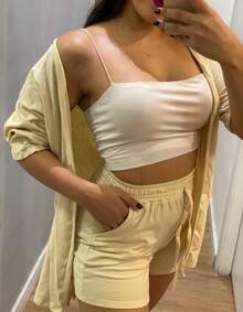 USM Shein Solid Supima Knit Kimono And Shorts Set - 香檳色 - 查看 3