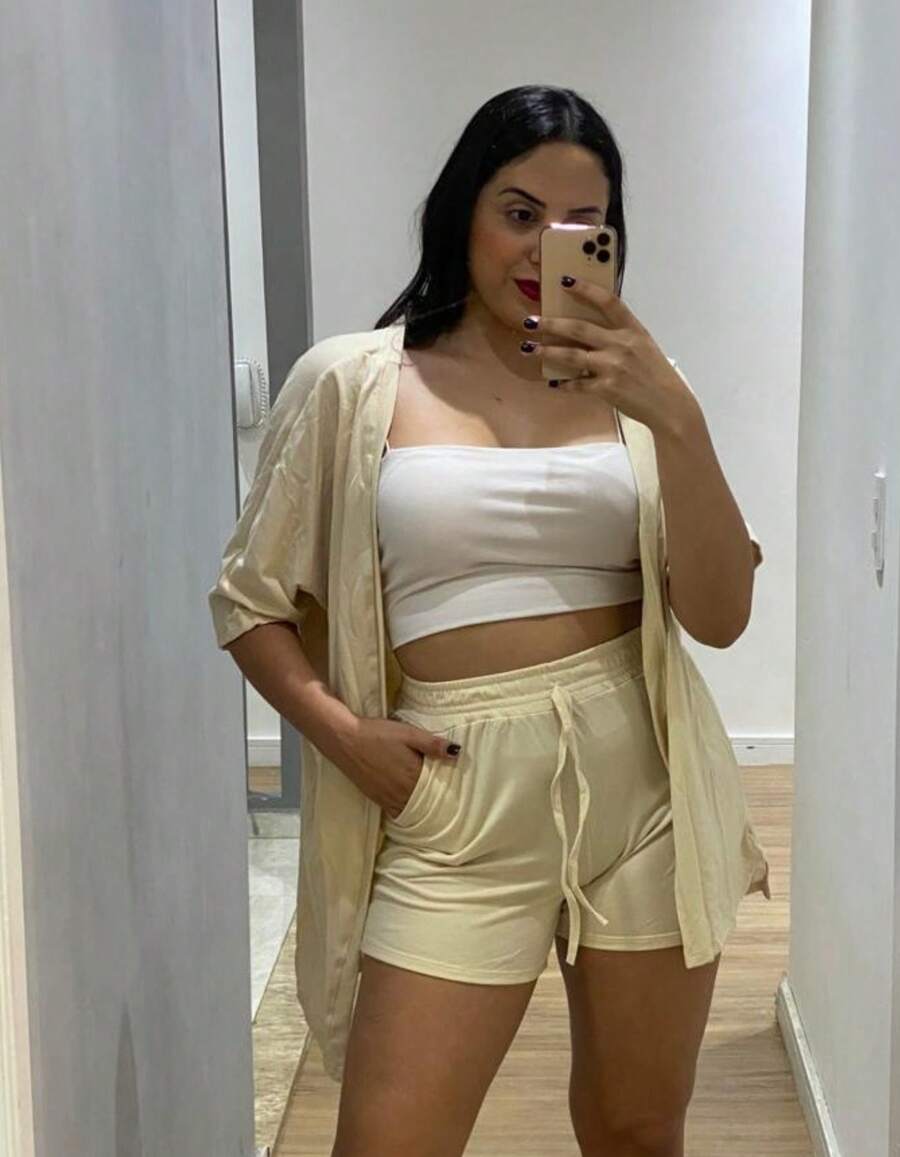 USM Shein Solid Supima Knit Kimono And Shorts Set - 香檳色 - 查看 1