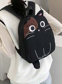 1pc Girls' Cartoon Black & White Cat Pattern Nylon Backpack With Zipper Closure, Ideal For Everyday Use - Black - View 6