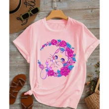 Women's T-Shirt And Baby Look With Cat Print, - From P To G2 - Vẻ ngoài màu hồng của em bé - Xem 2