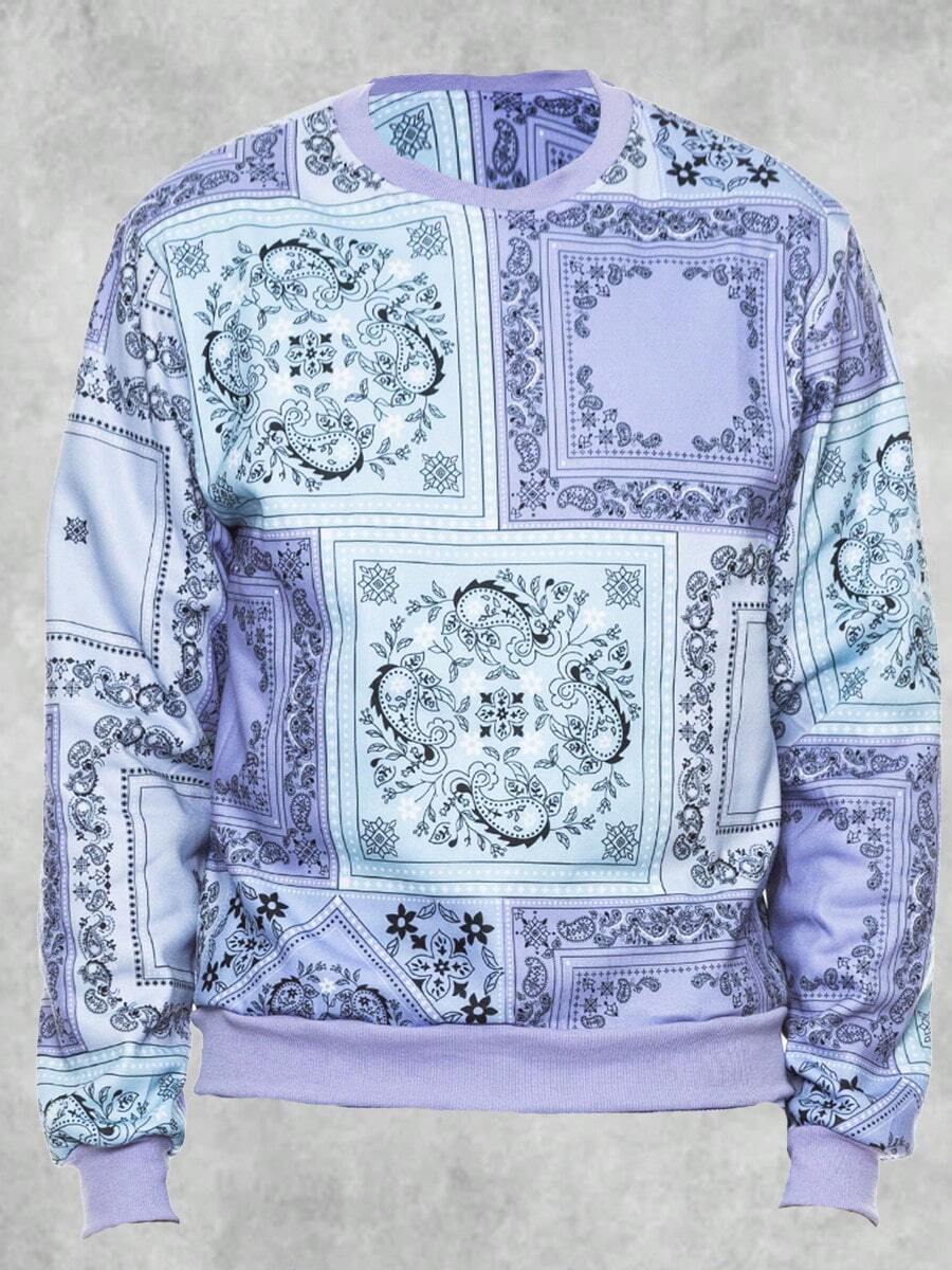 Men's Regular Fit Paisley Printed Fleece Long Sleeve Pullover Sweatshirt - 紫色 - 查看 1