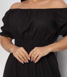 Plus Size Long Off-The-Shoulder Dress With Ruffle Sleeves - màu đen - Xem 1