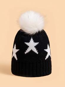 1pc Kids Cute Soft Knit Star Pattern Pom Pom Beanie Hat For Children, Warm Autumn Winter Accessory - Multicolor - View 8
