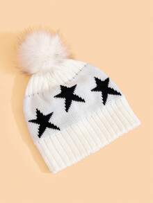 1pc Kids Cute Soft Knit Star Pattern Pom Pom Beanie Hat For Children, Warm Autumn Winter Accessory - Multicolor - View 4