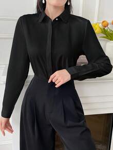 Elva Women's Solid Color Long Sleeve Business Interview Commute Casual Loose Minimalist Back To School Shirt, Suitable For Spring, Summer, And Autumn. Suitable For Valentine's Day, New Year, Date, Commute - Black - View 2