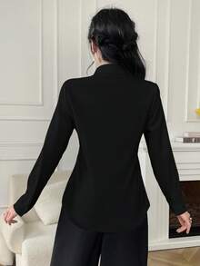 Elva Women's Solid Color Long Sleeve Business Interview Commute Casual Loose Minimalist Back To School Shirt, Suitable For Spring, Summer, And Autumn. Suitable For Valentine's Day, New Year, Date, Commute - Black - View 3