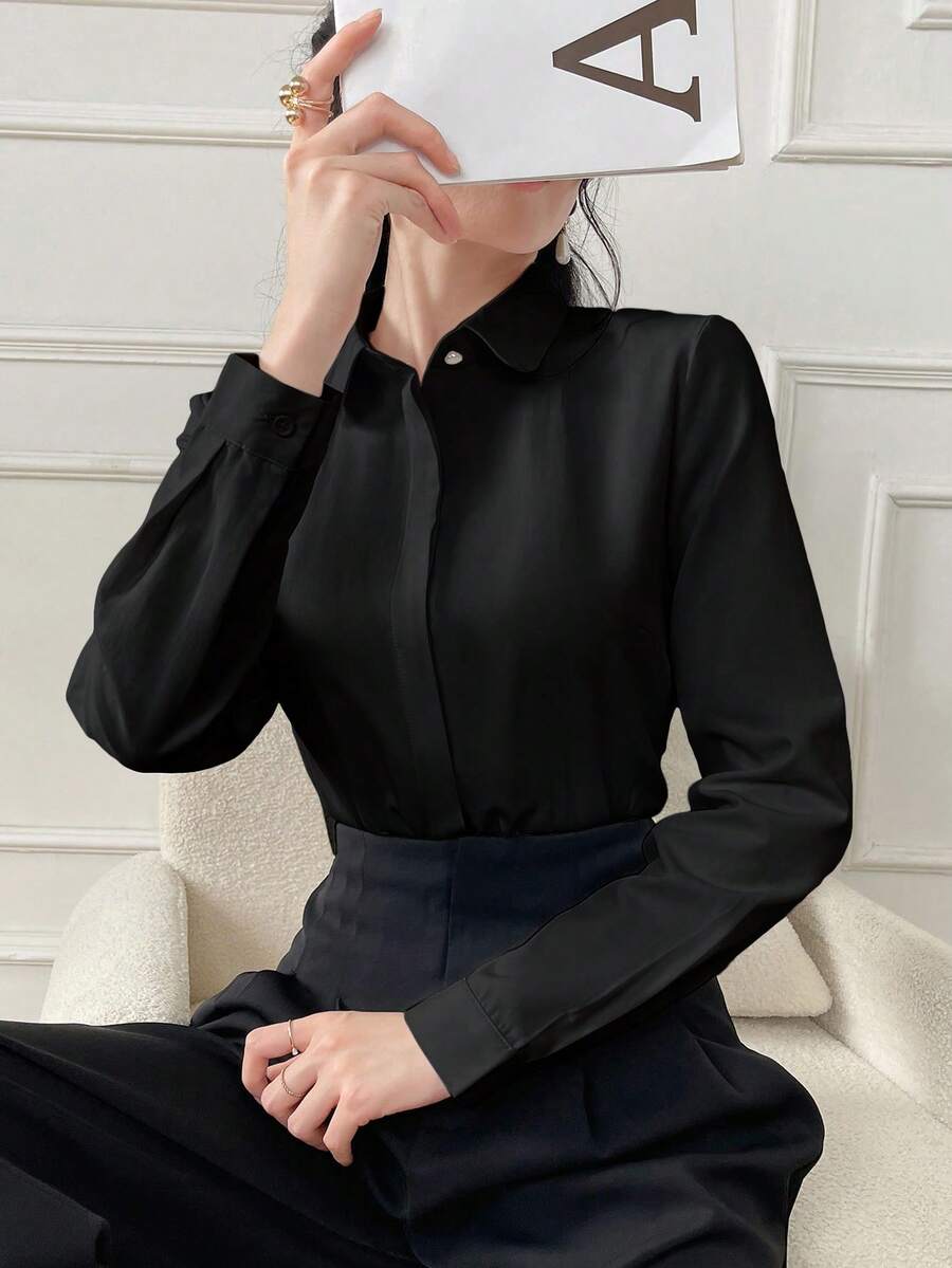 Elva Women's Solid Color Long Sleeve Business Interview Commute Casual Loose Minimalist Back To School Shirt, Suitable For Spring, Summer, And Autumn. Suitable For Valentine's Day, New Year, Date, Commute - Black - View 1