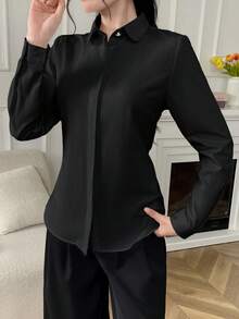 Elva Women's Solid Color Long Sleeve Business Interview Commute Casual Loose Minimalist Back To School Shirt, Suitable For Spring, Summer, And Autumn. Suitable For Valentine's Day, New Year, Date, Commute - Black - View 4
