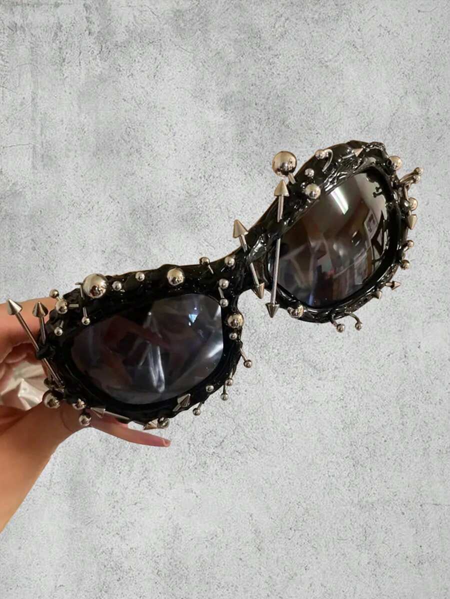1 Pair Y2K Stylish Handmade Rivet Oval Glasses For Women, Elegant And Sophisticated, Suitable For Photography, Daily Wear, Halloween, Autumn/Winter Outfits, Business Casual, Summer Beach, Outdoor Activities And Travel