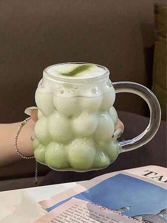 葡萄图案玻璃杯，创意ins风咖啡杯，耐热高硼玻璃牛奶杯/拿铁杯/水杯/果汁杯（带把手）