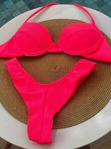 Retro Half Cup Bikini Underwire Double Thong Panty Semi-Thread Ana Ruga With Padded Beachwear Set Summer - 玫紅色 - 查看 4