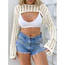 Women's Crochet Crop Tops Y2k Long Sleeve Crewneck Shrug Hollow Out Summer Beach - trắng - Xem 4