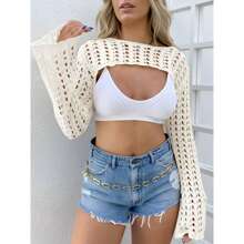 Women's Crochet Crop Tops Y2k Long Sleeve Crewneck Shrug Hollow Out Summer Beach - trắng - Xem 3
