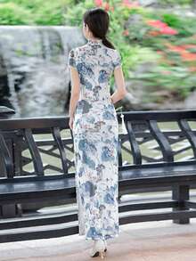 Fikoo 女式复古花卉蓝色旗袍连衣裙 - 长款橙色新娘/旗袍夏季长款晚礼服，短袖和开衩，适合婚礼宾客、花园派对、文化活动和正式场合