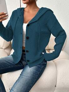 Women's Solid Color Button Drawstring Long Sleeve Lightweight Single-Breasted Cardigan Sweater, Suitable For Office Wear, Autumn - Navy Blue - View 7
