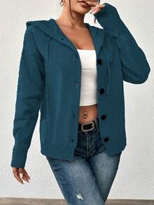 Women's Solid Color Button Drawstring Long Sleeve Lightweight Single-Breasted Cardigan Sweater, Suitable For Office Wear, Autumn - Navy Blue - View 5
