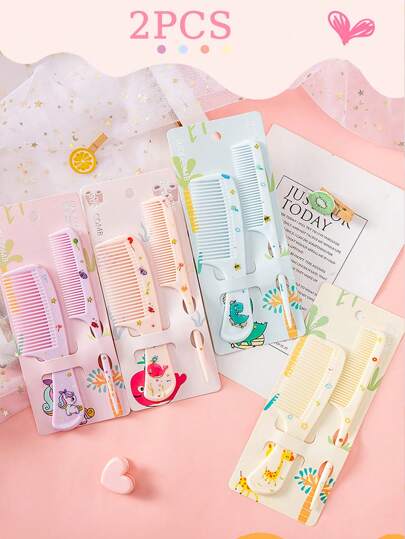 2pcs/Set Kids Cartoon Animal Decorative Hair Combs Set, Fine Tooth Tail Comb For Girls