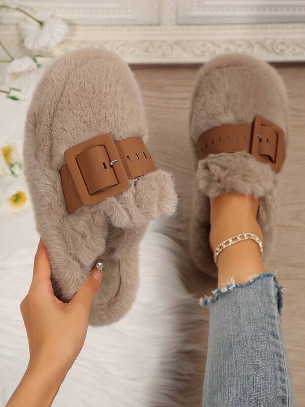 Damen Schlüpfschuhe mit dicker Sohle und Fellbesatz, geschlossene Zehenkappe mit Schnallenverschluss, lässige Hausschuhe für Herbst und Winter