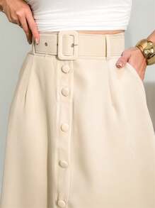 Long Monochromatic Tailored Skirt With Side Pockets And Zipper And Button Details With Belt/DD061 - 米色 - 查看 2