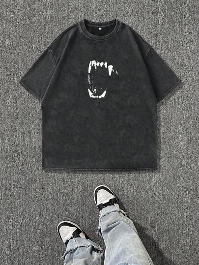 Camiseta de manga caída de verano con estampado divertido de dientes para hombre, casual