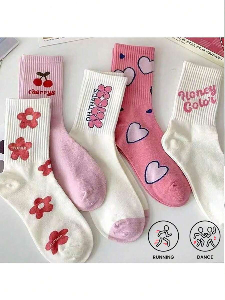 5 đôi tất họa tiết hoa trái tim màu hồng dễ thương, tất ống giữa thoải mái và thoáng khí, tất nữ - Mùa thu và đông - Nhiều màu - Xem 1