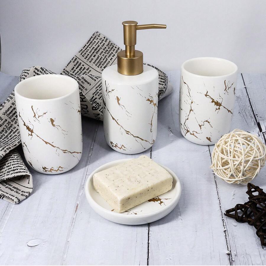 Cream Bathroom Accessories Set, 4-Piece Ceramic Bathroom Decorative Accessories, European Style Set Includes Lotion Dispenser, 2 Glasses And Soap Dish For Bathroom Decor, Countertop Vanity Organization - trắng - Xem 1