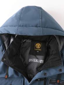 LEDUNTINO Men's Casual Outdoor Warm Thick Jacket, Sports Patchwork, Boyfriend Gift, Detachable Hood, Multiple Pockets, Letter Print, Hook And Loop Design, Windproof, Spring/Autumn Windbreaker, Boyfriend Style - Blue - View 3