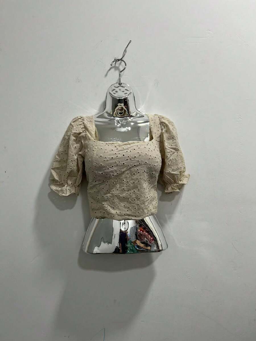 Women's Laise Crop Top With Padded Cups And Puff Sleeves - 米色 - 查看 1