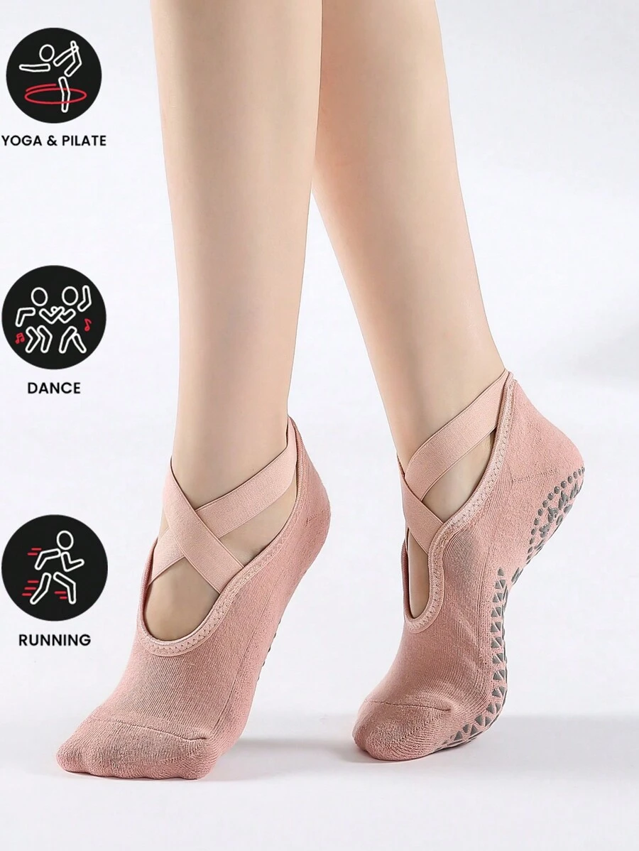 1 Pair Fashionable Crisscross Strap Anti-Slip Yoga Socks With Round Toe, Soft Towel Bottom For Indoor Pilates, Barre, Ballet, Dance, Trampoline, Fitness, Workout - Baby Pink - View 1