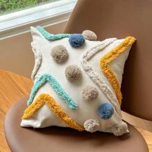 1pc Bohemian Plush Geometric Pom Pom Decorative Throw Pillow Case For Living Room, Bedroom, Party, Cute Embroidered