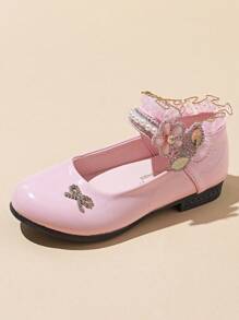 1pair Rhinestone Decorated Girl's Soft Sole, Breathable, Lightweight Leather Princess Low Heel Dance Shoes, Suitable For Performance, Parties, Wear All Seasons