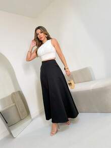 Monochromatic Long Tailored Skirt With Side Pockets And Zipper Details /DD065 - màu đen - Xem 3
